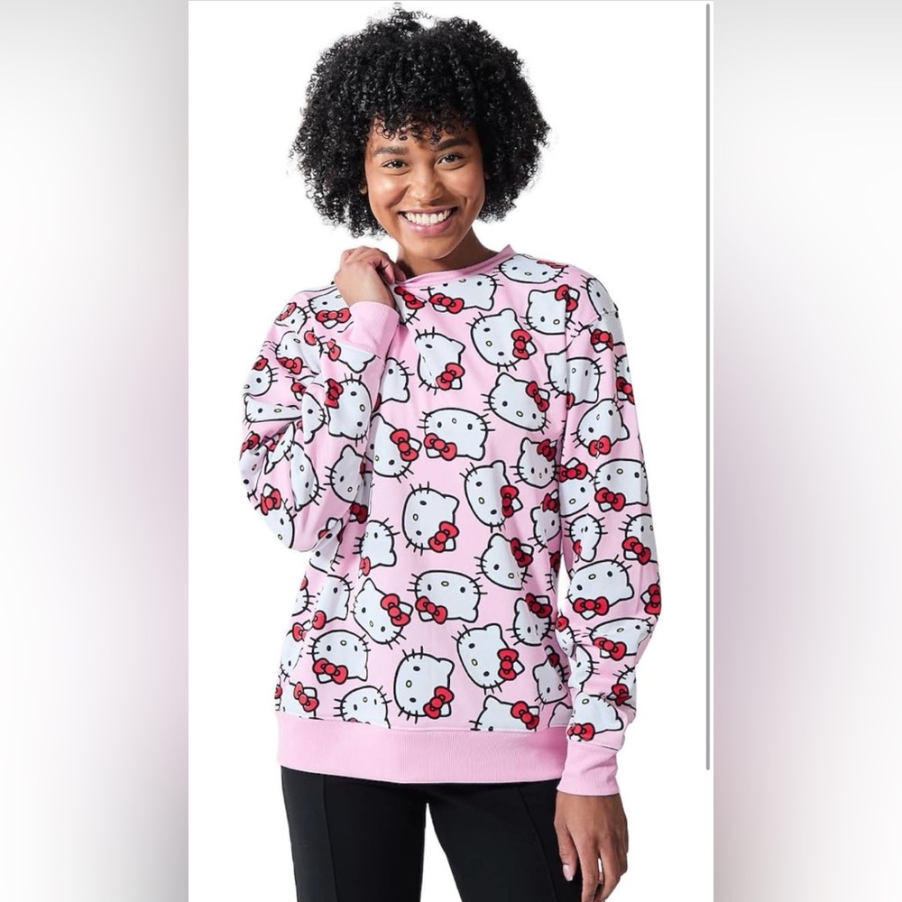 Hello Kitty All-Over Print Pink Crew Neck Long Sleeve Sweatshirt-SIZE XS
